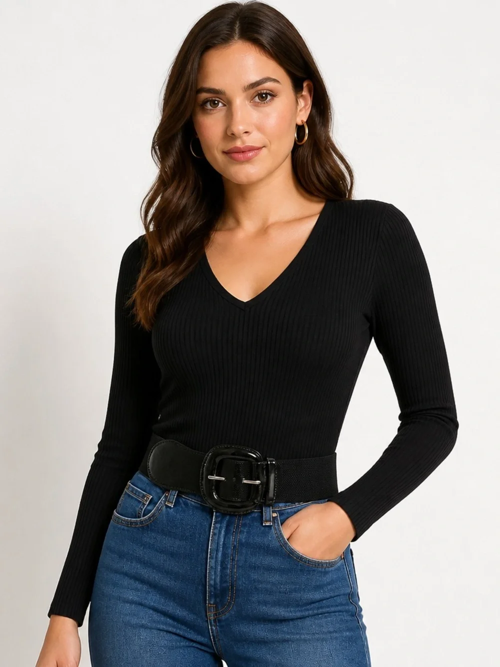 Black Elastic Waist Belt with Gloss Buckle - Lauren Ralph Lauren